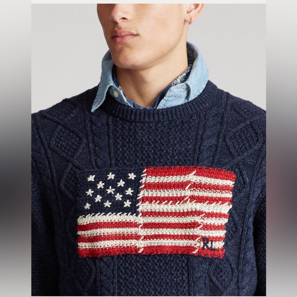 Polo Aran Knit Flag Sweater - Indigo, Heritage, Ralph Lauren